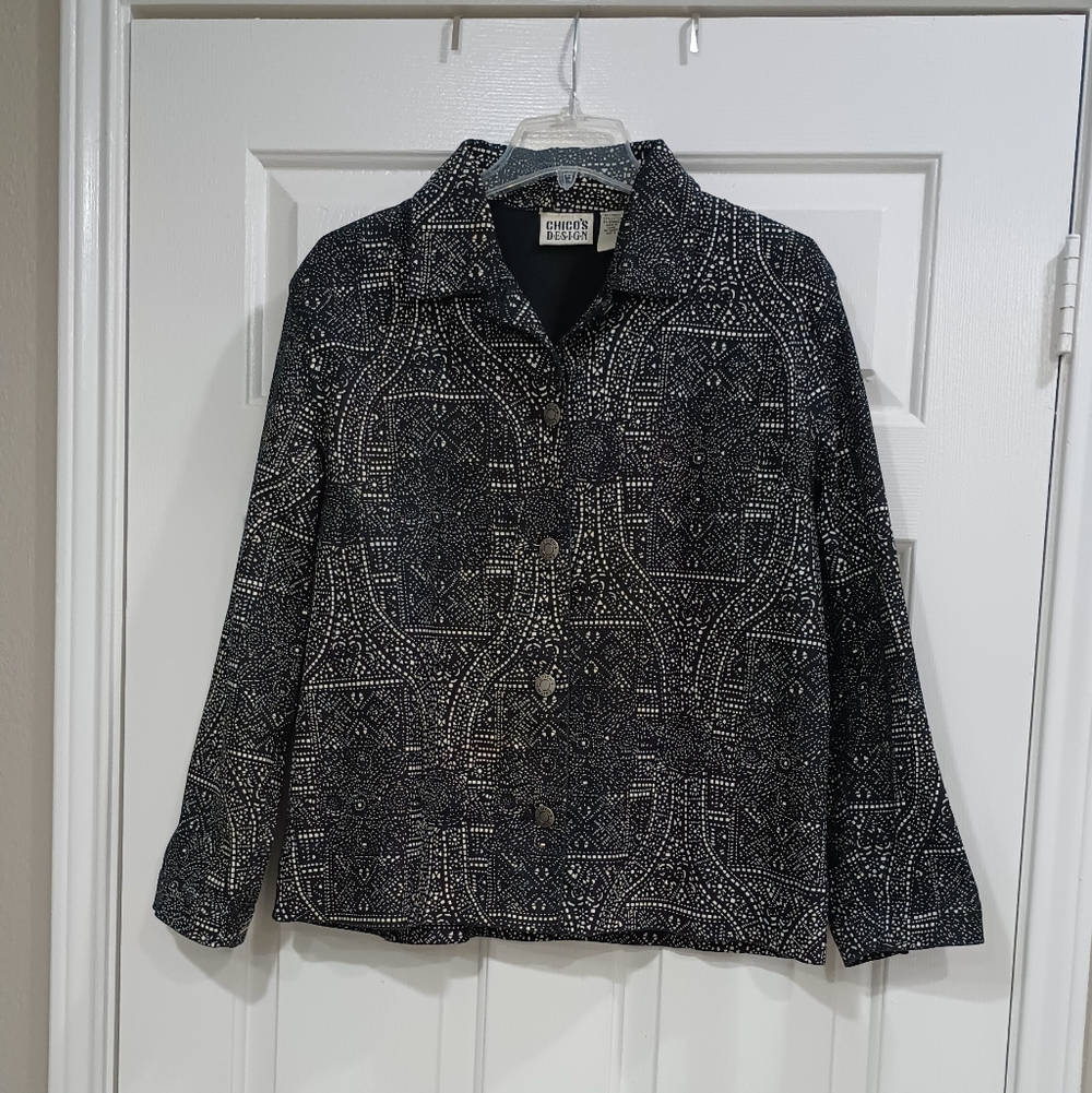Chico's Black and White Patterned Jacket Large